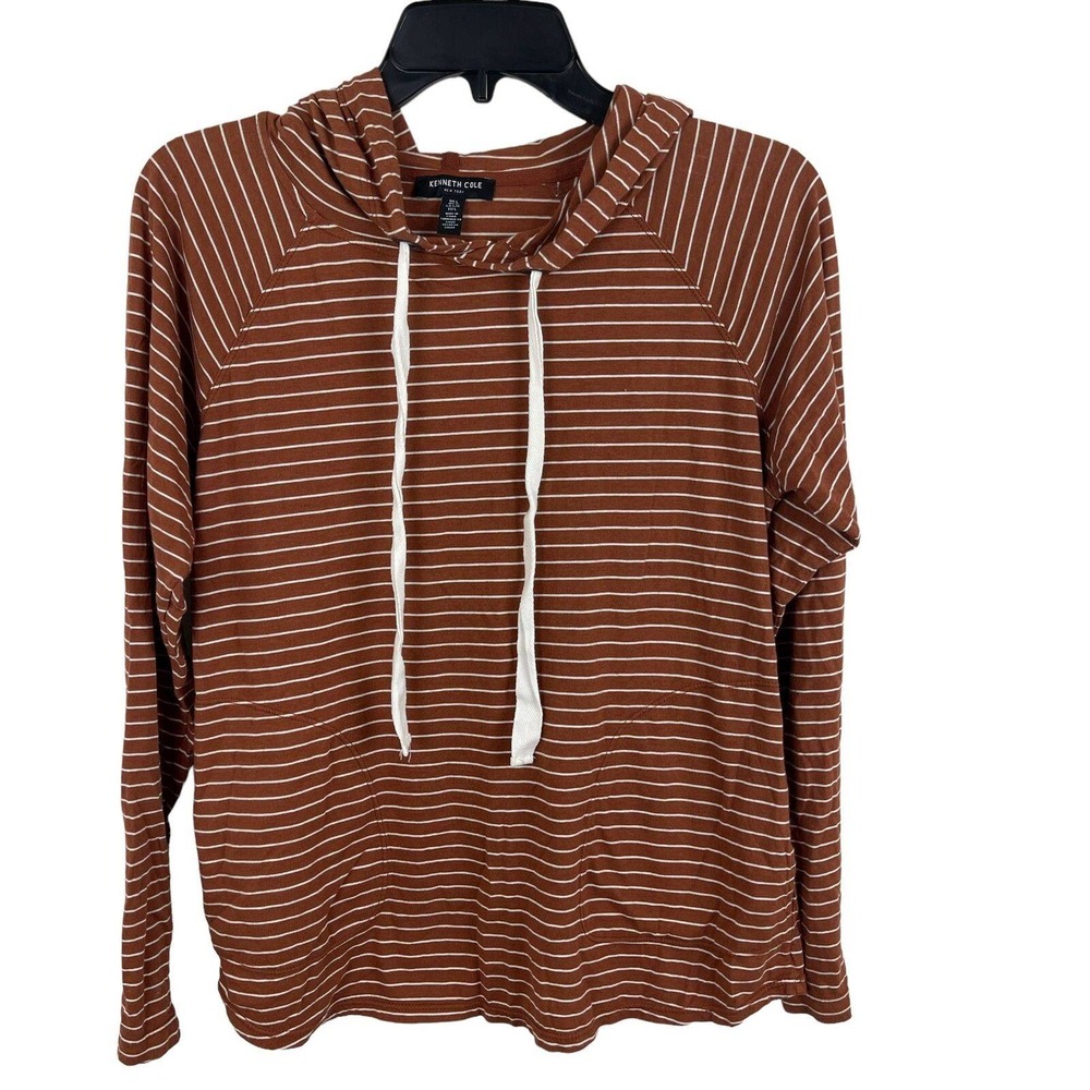 Kenneth Cole New York Women Large Rust Brown Striped Long Sleeve Pullover Hoodie